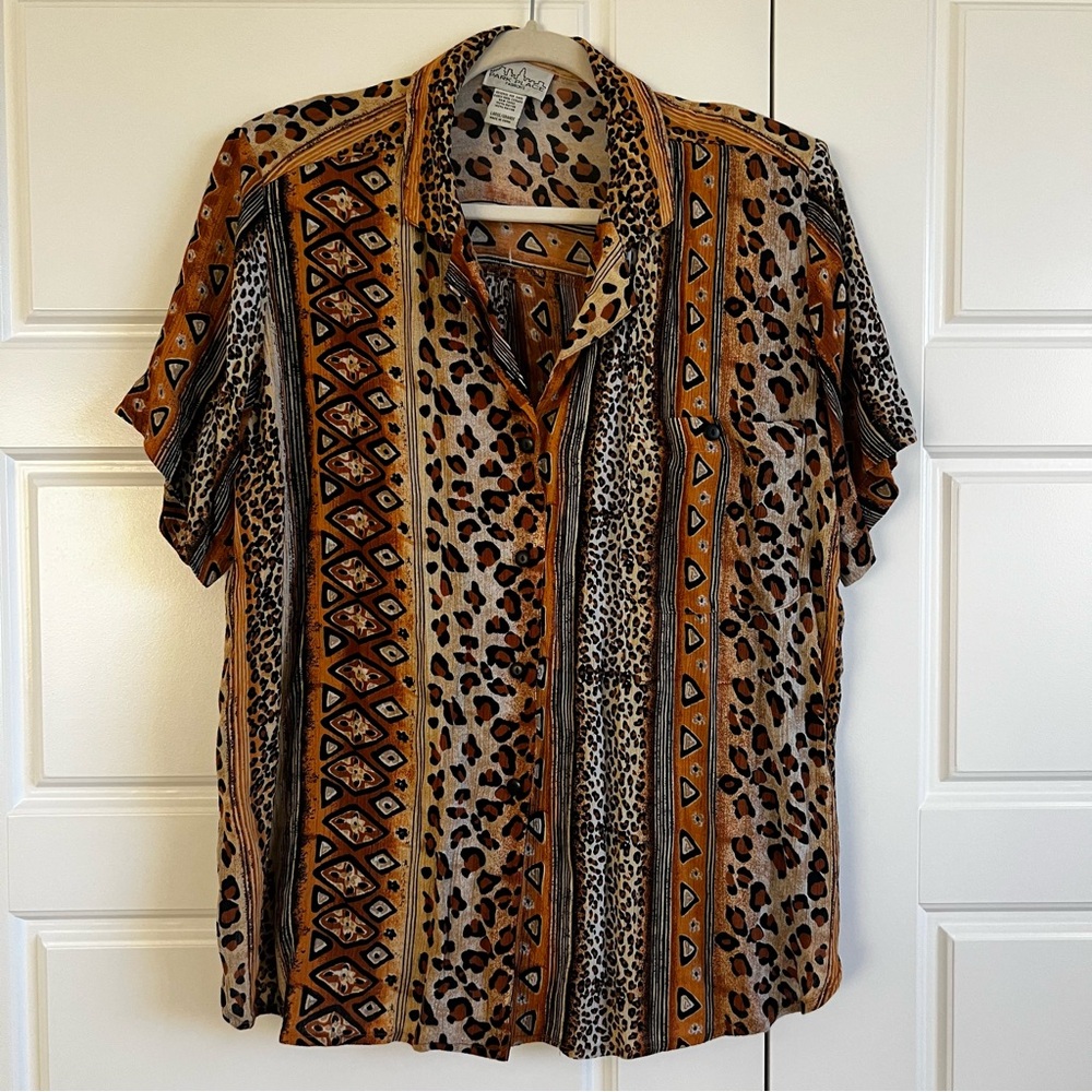 Vintage Maximalist Animal, Tribal & Geometric Mixed Print Button Down Sz L